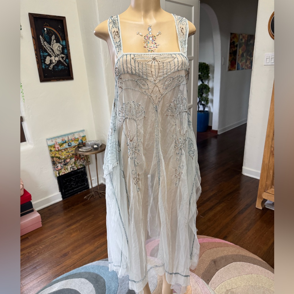 Free People Baby Blue Sheer Lace Dress W/ Intricate Beading Size S